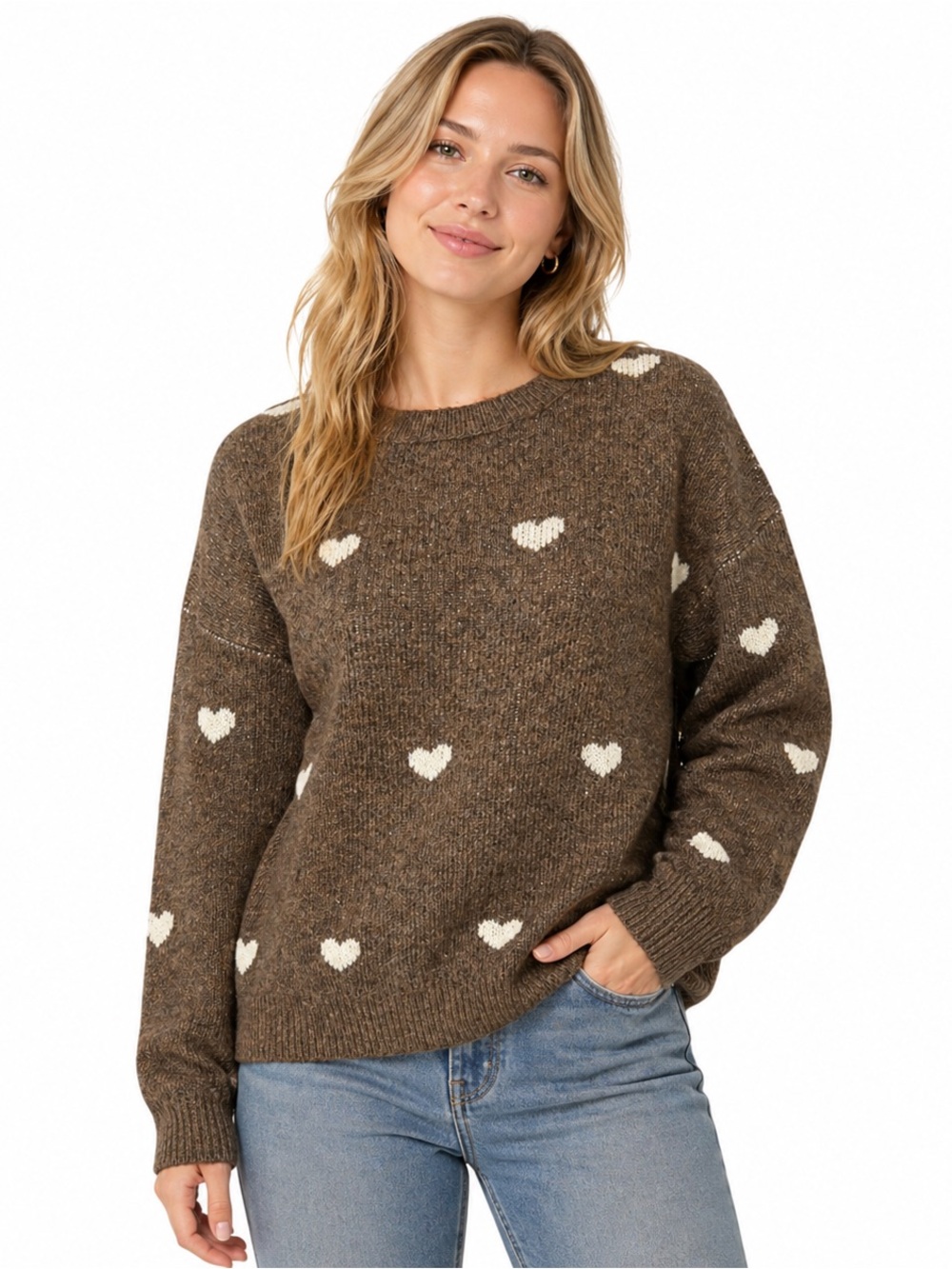 Brown Heart Pattern Crewneck Sweater - Women's